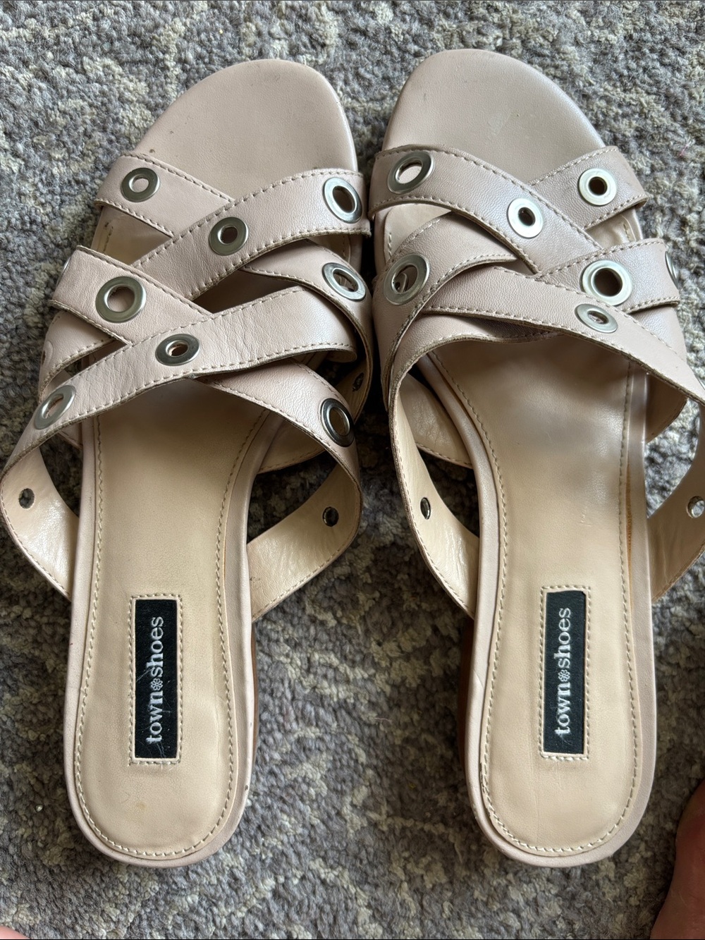 Women’s Nude Leather Slide Sandals with Grommet Detail in 8